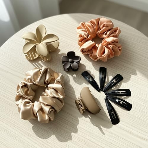 Image of Hair Claw Clips for Women and Girls Combo Gift Set | 11 Pc Collection with Korean Flower Claw, Small Clutchers, Scrunchies & Tic Tac Clips Matte