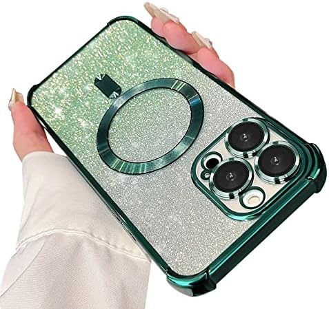 Womdakon for iPhone 14 Pro Max Case Compatible with MagSafe, [Shockproof Edge Protection + Camera Lens Protector], Magnetic Glitter Clear case for 14 Pro Max Phone Case for Women/Men(Green)
