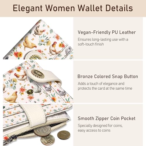 Image of Kelvoris Roosters Chicken Small Rfid Women Wallet Bifold Zipper Coin Pocket PU Leather Compact Cash Credit Card Holder Travel Wallet for Female Ladies Teen Girls 1 ID Window 10 Card Slots