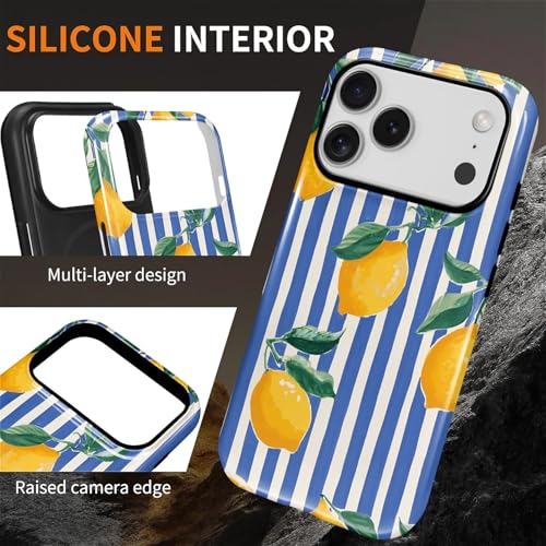 Coque iPhone 17 Pro MagSafe rigide acrylique rayures blanches bleu citron - 5