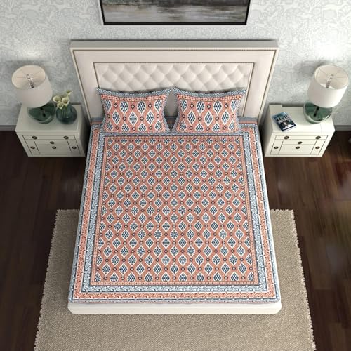 Image of La Verne 140 TC 100% Cotton King Size Jaipuri Rajasthani Print Bedsheet with 2 Pillow Covers (Peach)