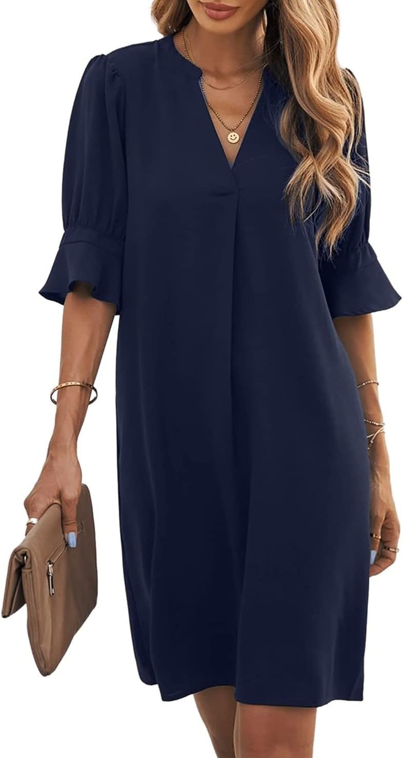 Women's V Neck Half Sleeve Shirt Dress Elegant Summer Casual Solid Color Short Dress S-XXL