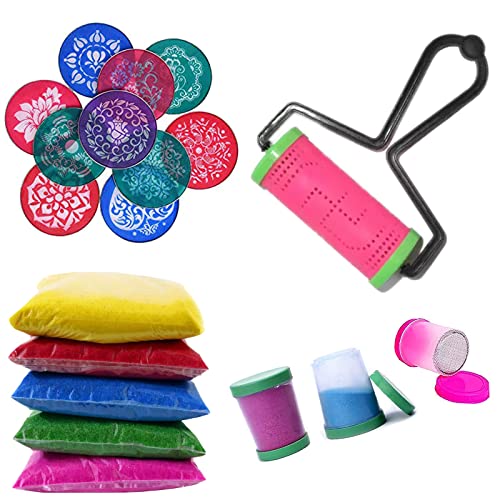 Ascension Rangoli Powder Colors 5 Rangoli Colors Pack 80g Each with 1 Rangoli Roller, 10 Designer Stencils, 3 Fillers Design Diwali Floor Rangoli Colours Powder for Navratri Pongal Pooja Onam Mandir