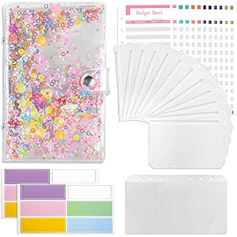 DUOXIN 28 Pieces A6 Binder PVC Notebook Cover Glittering Quicksand PVC Ring Binders Planner Notebook with 12 Packs of Zippered Envelopes Pockets, 12 Budget Sheets, 2 Blank Labels and 1 Card Bag Cover