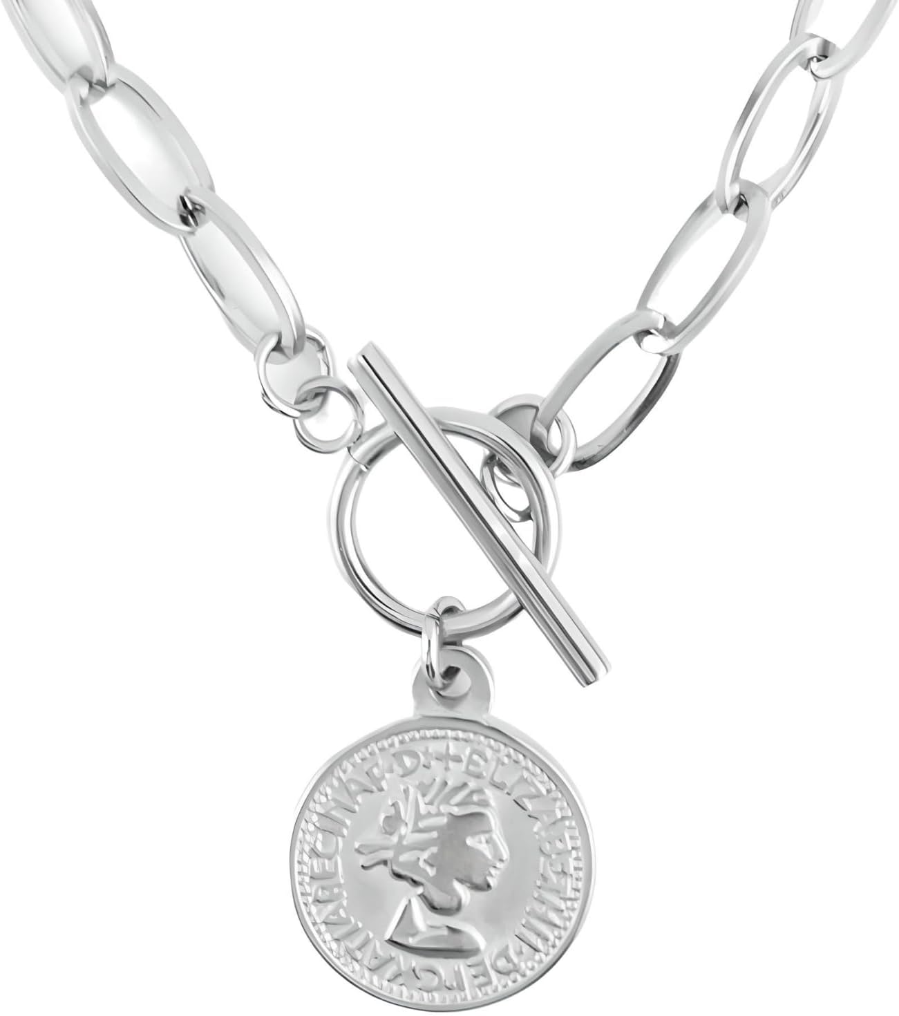 14K Yellow Gold Coin Toggle Necklace For Women - 925 Sterling Silver Minimalist Toggle Necklace, Coin Pendant Thick Link Chain Layered Necklaces, Perfect Gifts