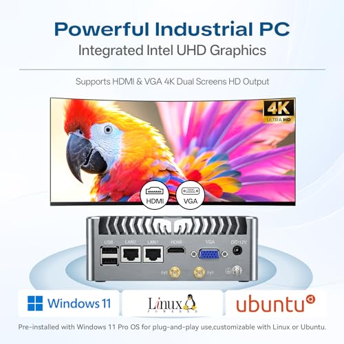 Image of Fanless Mini PC,Industrial Mini Computer Core i5-1235U(10 Core /12 Thread),HDMI+VGA 4K Display,2RS232 /RS485 COM,2RJ45 LAN,6USB,Windows 11 pro,Auto Power On & WOL,Metal Case(8GB RAM 128GB SSD)