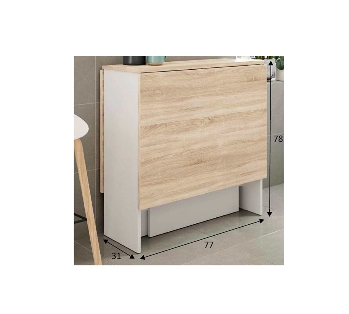 Mesa de Cocina Plegable con Acabado en Color Blanco Artik y Roble Canadian - Dim: 77 cm (Largo) x 31-140 cm (Ancho) x 79 cm (Alto)