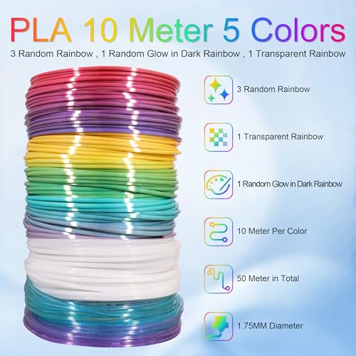 Image of MIKA3D 5 Colors 3D Printing Pen Filament Refill, Each 10m, One Glowing in Dark PLA, One Clear Rainbow, 3 Different Color Silk Rainbow PLA, Total 50m 3D Printer Filament Sample Pack