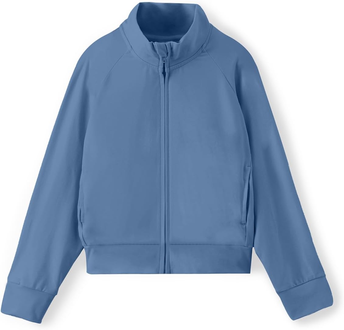 PATPAT Girls Zip Up Jackets Long Sleeve Lightweight Crop Coats with Pockets | Mock Neck Outwear Clothes，Fall Winter Active Tops,Zipper Athletic Wear for Tennis/Golf/Dance, Back to School, 5-14 Years