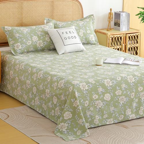 Image of Story@Home King Size Bedsheet | Air Cotton Flatsheet King Size with Two Pillow Covers| 240 TC | Super Soft Bed Sheet for King Size Bed | Floral Design (270 x 250 cm, Green & White)