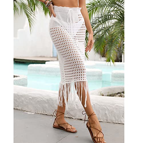 Saída de praia feminina de crochê, bainha de borla, cordão na cintura, saia de praia vazada de malha