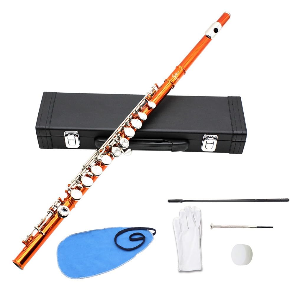 Flauta naranja de 16 orificios en C, cuerpo de tubo de cobre blanco, orificio de sonido técnico de dibujo en frío, multicolor opcional, adecuado for principiantes, caja de almacenamiento de cuero y ju