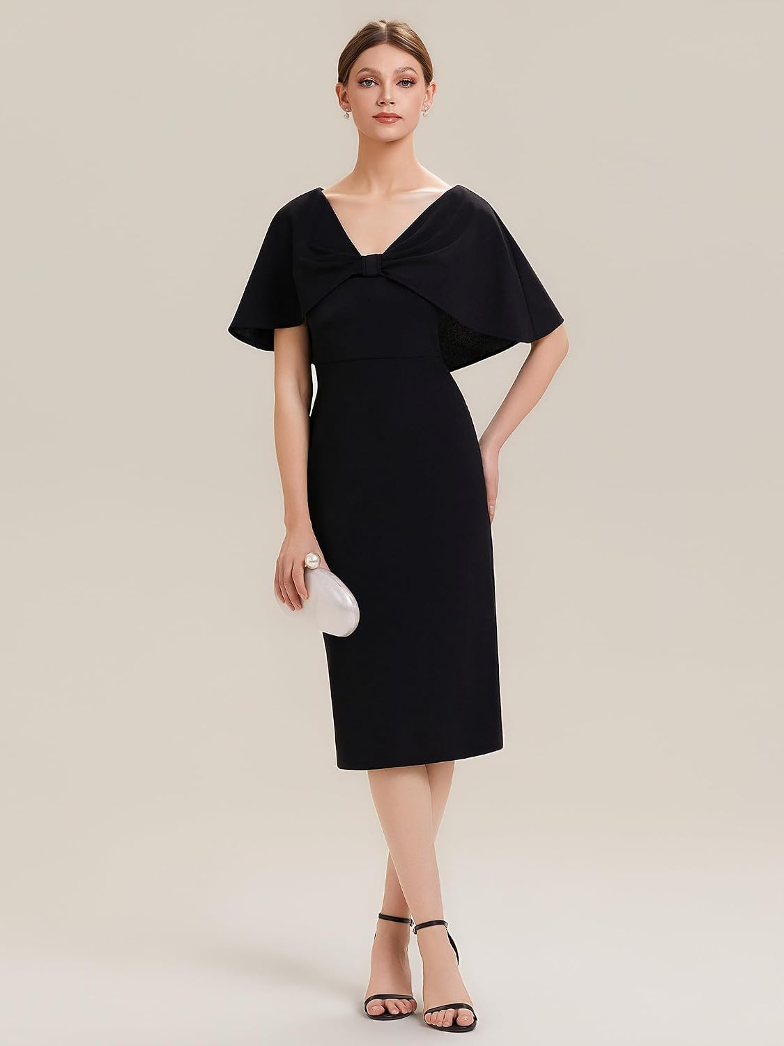 Ever-Pretty Women's V-Neck Cape Sleeves Cocktail Wedding Guest Dress Midi Stretchy Crepe Semi Formal Dresses 02688