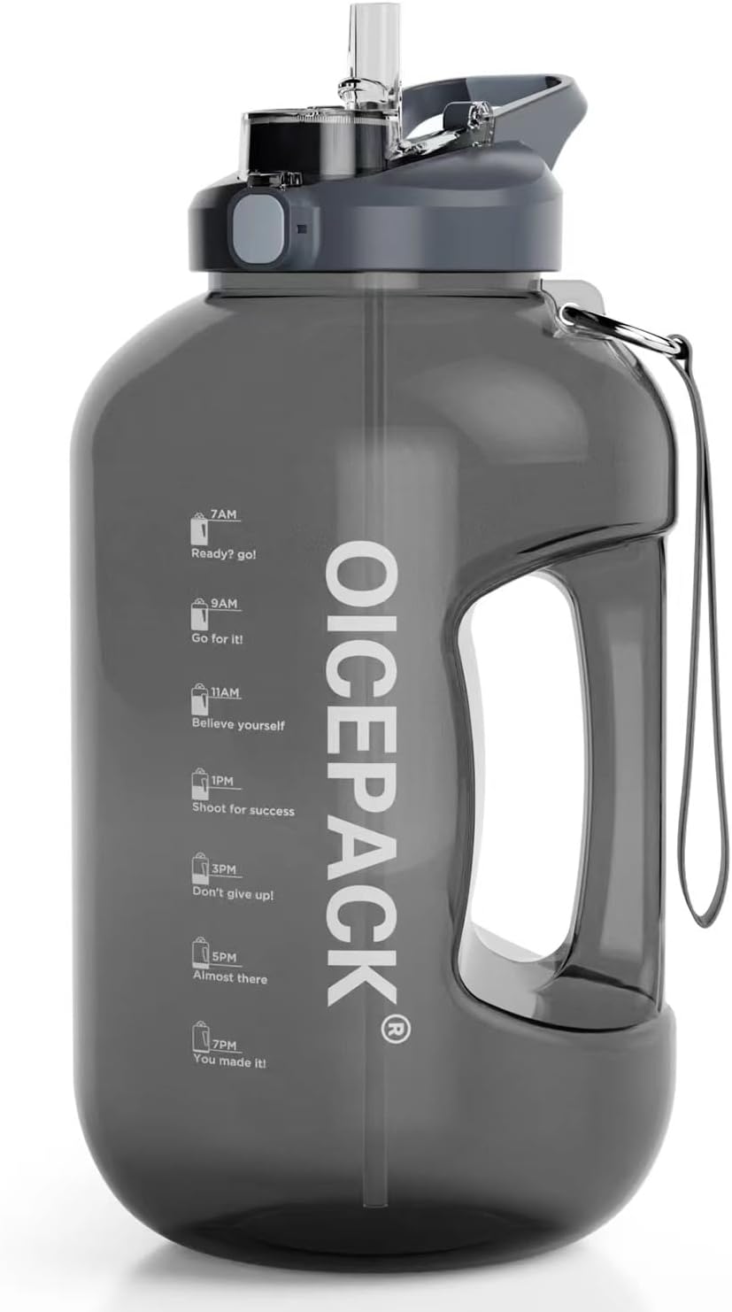 OICEPACK 128 oz Water Bottle 2 in 1 Lid – 1 Gallon Dishwasher Safe Motivational Water Bottle With Times To Drink Leak-proof Big BPA Free