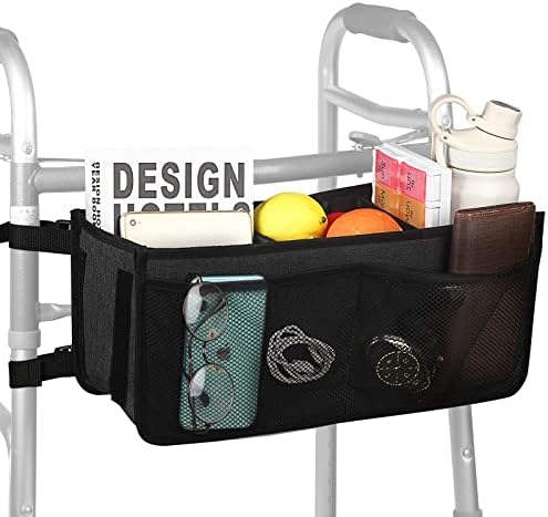 Walker Basket Foldable Walker Storage Bag with Two Split Boards and Six Non-Slip Straps Big Capacity Walker Basket Tote Organizer Never Tipping Over Ideal for Senior, Universal Size (Black)