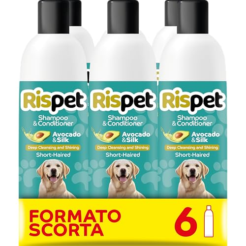 RISPET Shampoo und Spülung, Avocado und Seide, Wasch- und Desinfektionsmittel für Hunde und kurzhaarige Tiere, Zarte Formel ohne Allergene und ausgeglichener pH-Wert, Talkum-Duft, 6x370 ml