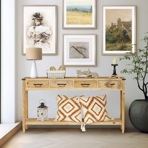 RUSTOWN Farmhouse Console Table with 4 Drawer, 60" Long Rustic Entryway Table with Open Storage Shelves and Handmade Metal Handle, Narrow Foyer Sofa Table for Living Room, Entryway, Hallway(Natural)