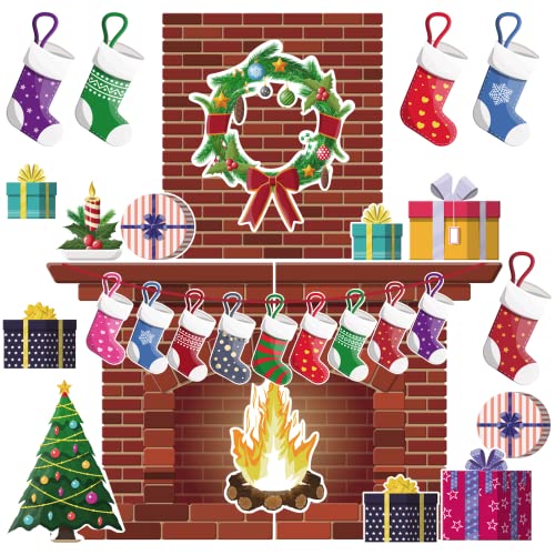 NBjiuyin 63 Pieces Christmas Fireplace Cutouts with Glue Point Dots Christmas Gifts Fireplace Wreath Candles Christmas Stockings for School Classroom Bulletin Board Home Decorations (CT-01)