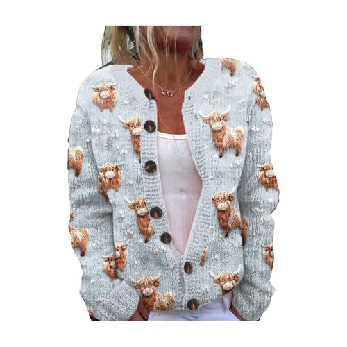 Cute Highland Cow Print Knit Cardigan Casual...
