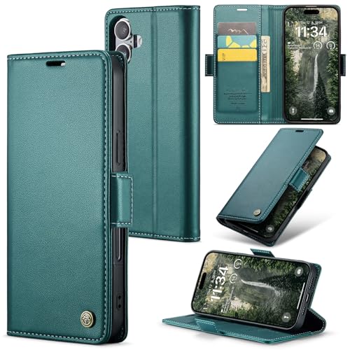 for iPhone 16 Case, RFID Blocking with Kickstand 3 Credit Card Slot and Cash Slot Magnetic Closure Wireless Charging Slim PU Leather Protective Cover - Green Green iPhone 16