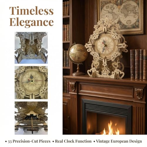 Adult 3D Wooden Puzzle Clock Set 33 Pieces Linden Wood Eco-Friendly Material DIY Mechanical Table Clock Roman Numeral Dial Stunning Decor for Living Rooms, Desks, and Study Tables — view 5