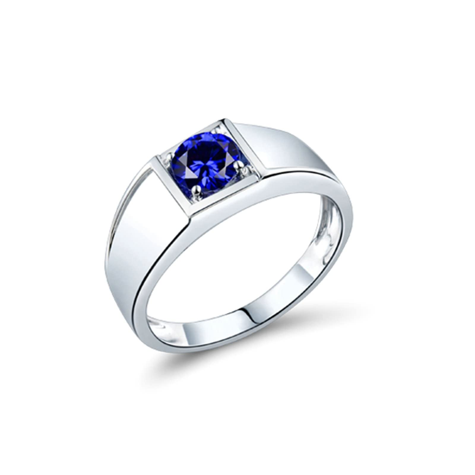 AMDXD Anillo de compromiso de oro blanco 750, 4 garras, anillo solitario ancho con zafiro azul de 0,95 ct, joyería regalo de cumpleaños para hombre