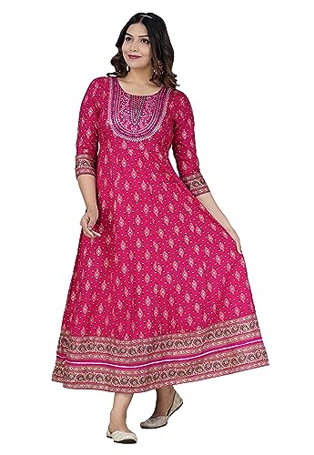 Image of Women's Rayon Embroidered Anarkali Kurti | Elegant Blue & Pink Long Kurti for Women | Premium Ethnic Wear for Diwali & Wedding | Stylish Comfortable Festive Outfit in Floral Design