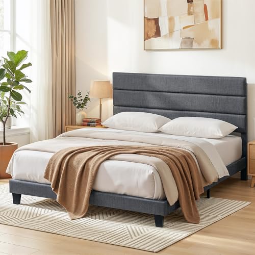 Artiss King Bed Frame Upholstered Platform Base with Geometric Headboard – Charcoal Grey Linen + Wood Slats for Modern Bedroom Furniture Home Decor