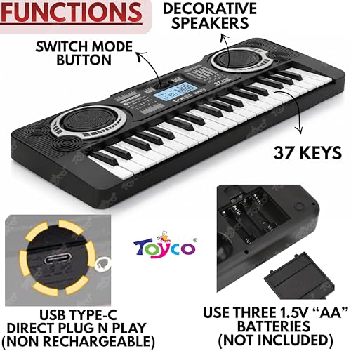 Image of TOYCO Educational Piano Keyboard for Kids with 37 Keys | Dual Mode Piano Notes & Indian Songs Tunes | USB Type-C Powered & Battery Operated | Small & Portable Musical Toy for Boys & Girls 1-5+ Years