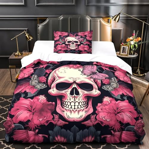Housse de couette crâne de papillon parure microfibre zippée lit 1 place
