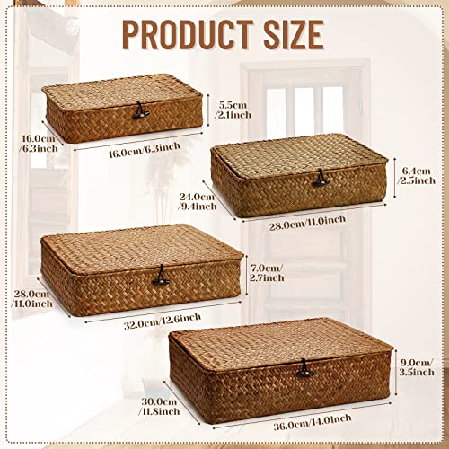 Didaey Set Of 4 Seagrass Basket With Lid Wicker Storage Basket Decorative Storage Boxes With Lids Flat Storage Bins Woven Organizer Baskets For Shelf Closet Bedroom, 4 Sizes (Brown) #TOP1