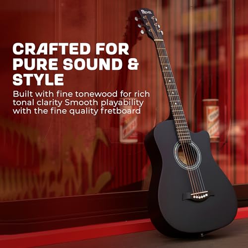 Image of Revel 38 Inch Acoustic Guitar Cutaway Wooden Guitar with High-Gloss Finish, Steel Strings, Smooth Tuning Pegs, Includes Carry Bag, Picks & Sting winder Guitar for Adults. (BLACK)