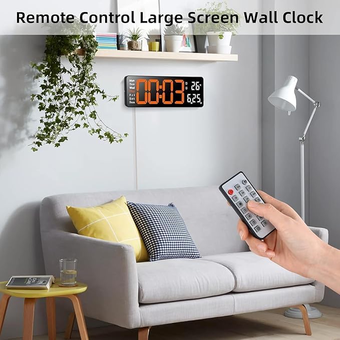 Image of LED Digital Wall Clock Hanging, Auto-Adjustable Brightness, Easy to Read at Night12 /24Hr Auto-Adjustable Brightness Temperature,for Bedroom,Living Room,Office. (Orange)