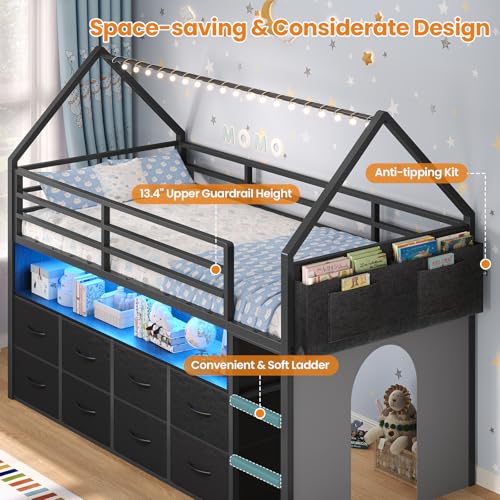 BTHFST Twin Size Loft Bed for Kids, 8 Storage Drawers & LED Lights, House Shaped Metal Bed with Bookcase, Soft Foam Ladder, 13.4" Safety Guardrail, Space Saving, Fun Curtain - Thumbnail 5