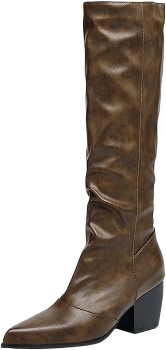 Womens Round Toe Mid Calf Boots Chunky Heel Wide Calf Riding Boot