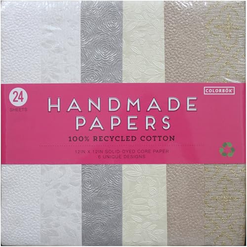 Colorbok Handmade Craft Paper 12x12 - Decorative Recycled Paper for Card Making, Scrapbooks, Journaling, and Collage Art - Solid Dyed Core, 24 Sheets, Neutrals