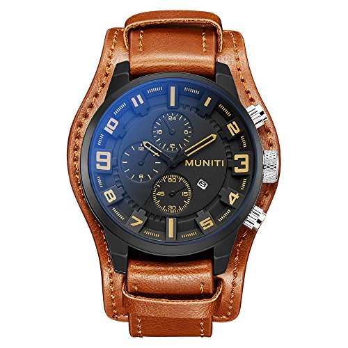 Muniti Men's Fashion Business Brown Band Watch Auto Date Sports Waterproof with Decorative Sub-Dails