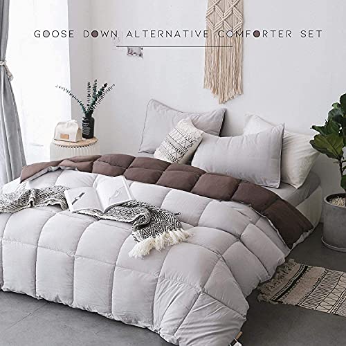 Kasentex All Season Down Alternative Quilted Comforter Set With Sham(S) -Reversible Ultra Soft Duvet Insert Machine Washable, Twin, Silver Cloud/Chocolate Brown #TOP6