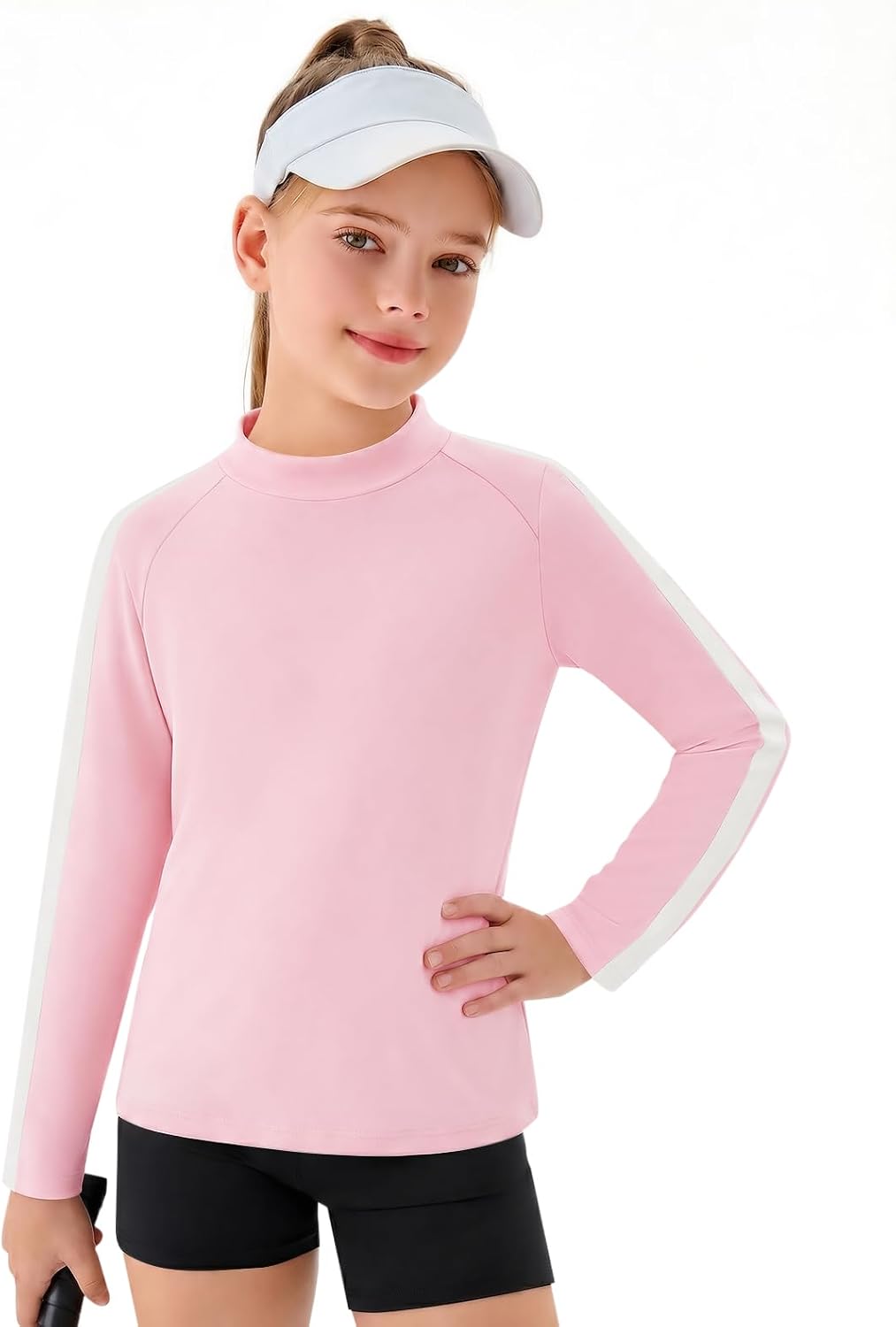 Haloumoning Girls Long Sleeve Shirts Athletic Mock Neck Side Stripe Tops