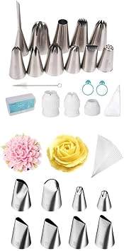 Kasmoire 11 Pcs Piping Bags And Tips,Ping Bags Couplers,Frosting Bags Ties Set & 8 Pcs Flower Piping Tips For Baking Decoration