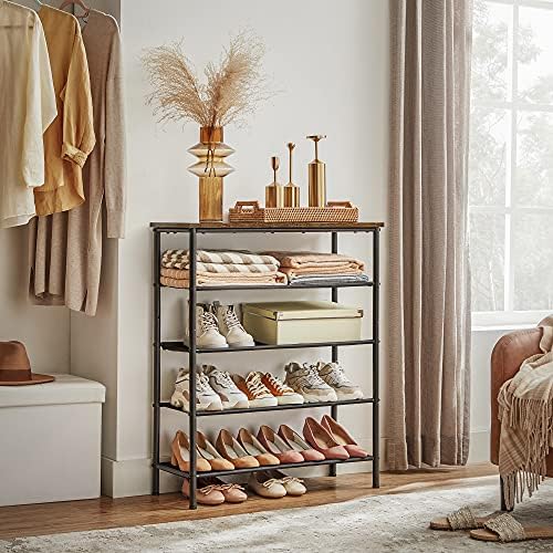 VASAGLE Shoe Rack 5 Tier, Shoe Storage Organiser Narrow, with 4 Fabric Shelves and Top for Bags, Steel Frame, for Entryway, Closet, Industrial, Rustic Brown and Black LBS036B01