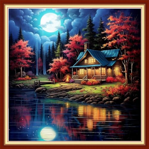 Image of Dimxvean Stamped Cross Stitch Kits,Cross Stitch Kits for Adults Beginners,Embroidery Kits Full Range of Cross Stitch Stamped Kits Needlepoint Kits Cross Stitch Patterns-The Lake House 18x18 inch