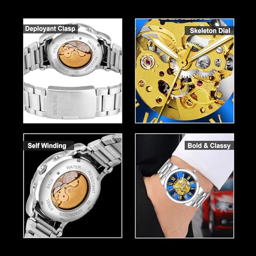 Image of Benling Skeleton Analog Automatic Watch for Men, Mechanical Movement, Leather Strap, Formal Casual Party Official Purpose