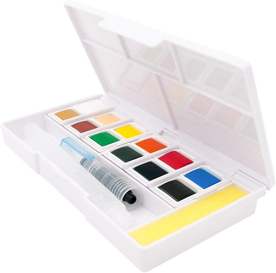 aooryArtist Watercolor Paint Set Sketchers' Pocket Box Painting Brush Portable Art Palette 12Colors White