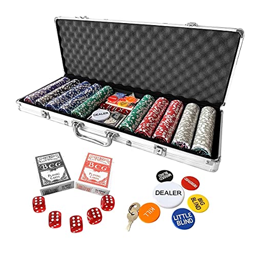 Casino Poker Chips Set, 500PCS 11.5 Gram 6 Colors Casino Chips Poker Set with Aluminum Travel Case,6 Buttons，2 Decks of Cards, 5 Dice, for Texas Holdem Blackjack Gambling