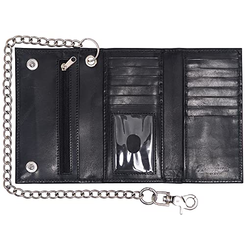 Raw Hyd Black Chain Wallets For Men – Trifold Biker Wallets For Men With Chain – Chain Wallet W/ 12 Credit Card Slots, Money Sleeve, & Zippered Pocket – 6.7” Genuine Leather Wallet With Chain For Men #TOP1