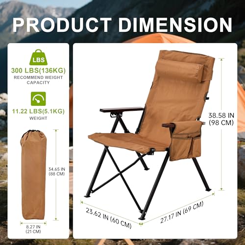 TlaroRiz Adjustable Camping Chairs for Adults - Heavy-Duty Folding Lawn Chairs with Detachable Headrest, Side Pocket, Supports 300 Lbs, Yellow - Image 3
