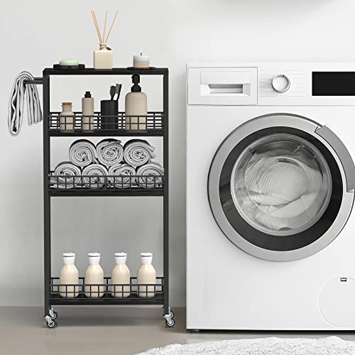 Slim Storage Cart 4 Tier Rolling Kitchen Cart Utility Serving Cart Laundry Room Narrow Cart With Handle Mobile Sheving Unit Organizer Wood Rolling Storage Cart For Bathroom Small Spaces, Modern Black #TOP5