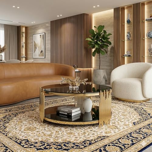 Luxury Gold Round Glass Coffee Table, 31.5" Modern Stainless Steel Base Center Table with 2-Tier Black Mirror Tempered Glass Top, Accent Furniture Tea Table for Living Room, Home Office, Apartment