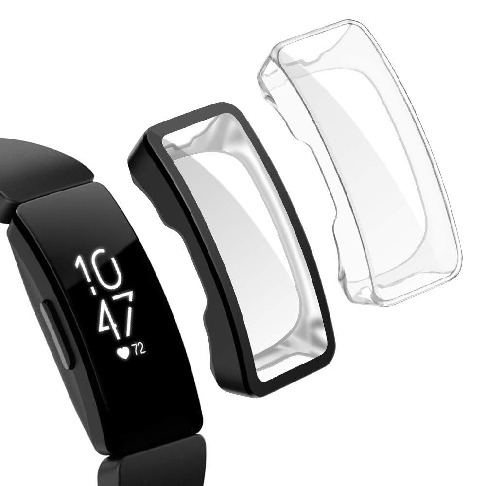 Tensea Compatible with Fitbit Inspire Hr Screen Protector, 2 Packs Soft TPU Bumper Full Around Case Cover Protector for Fitbit Inspire Hr and Fitbit Inspire (Black + Clear)